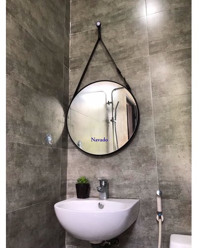 Gương tròn dây da treo tường phòng tắm 50cm