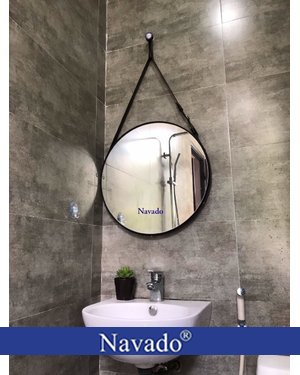 Gương tròn dây da treo tường phòng tắm 50cm