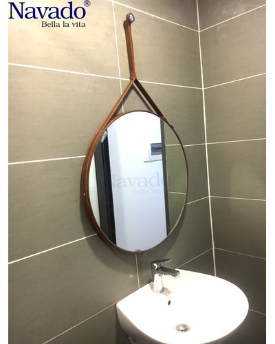 Gương tròn treo dây da phòng tắm 50cm